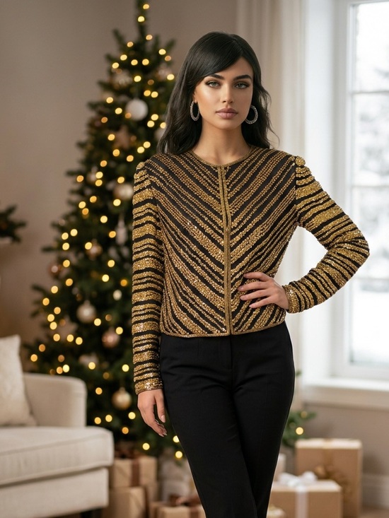 Jackets & Blazers - NWT Handmade Gold Sequin Jacket Size S Black silk and Gold Sequin/ beads